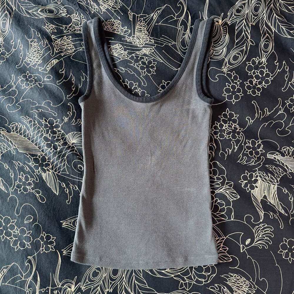 Aerie Ribbed Tank Top Size S Gray Black Trim
